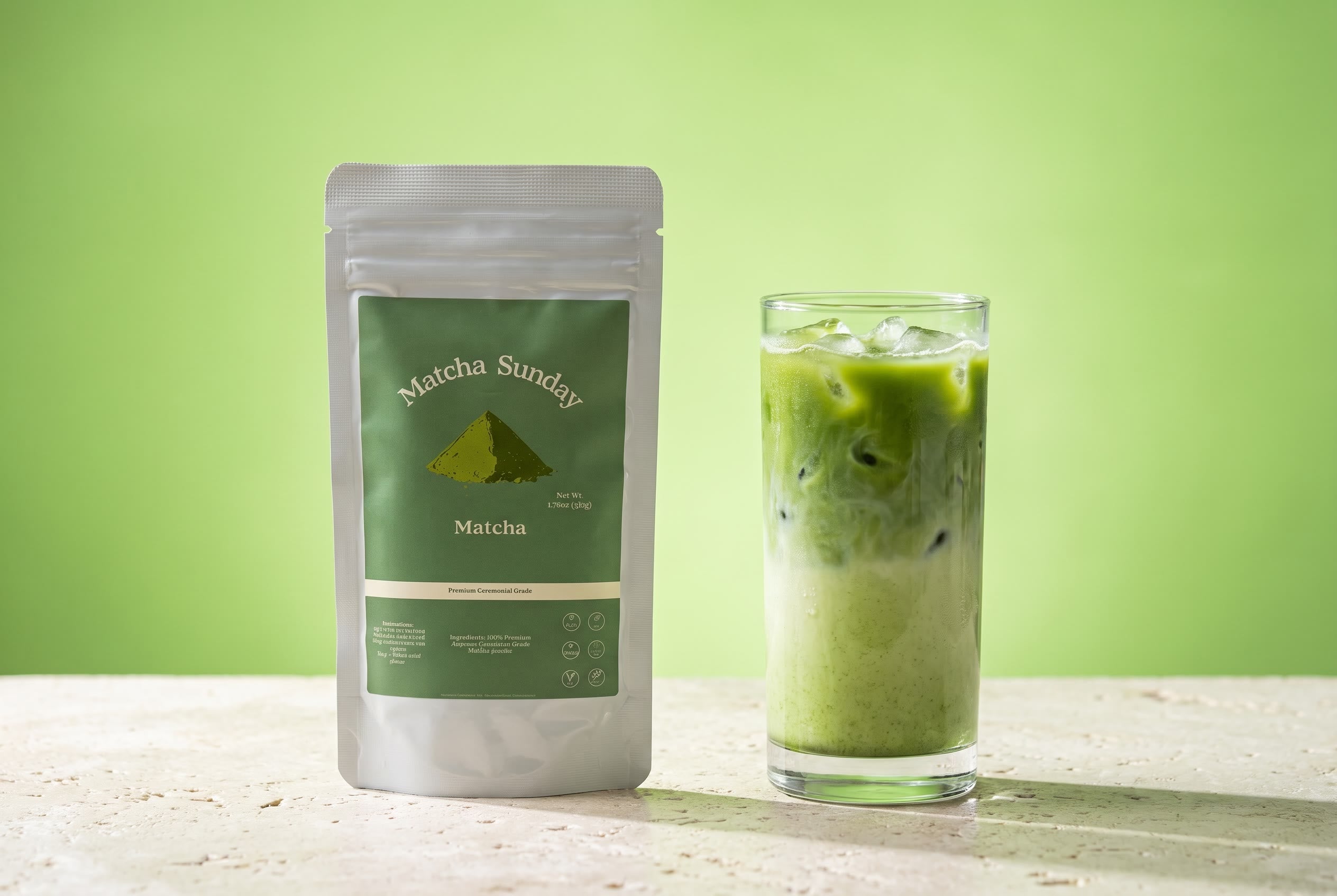 The Matcha Sunday pouch beside a vivid iced matcha latte